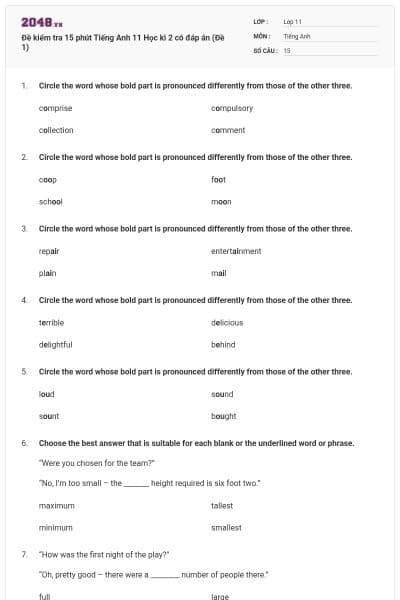 Đề kiểm tra 15 phút Tiếng Anh 11 Học kì 2 có đáp án (Đề 1)