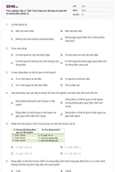 Trắc nghiệm Vật Lí 7 Bài 12(có đáp án): Bài tập an toàn khi sử dụng điện (phần 2)