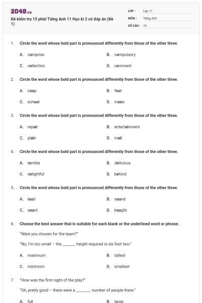 Đề kiểm tra 15 phút Tiếng Anh 11 Học kì 2 có đáp án (Đề 1)