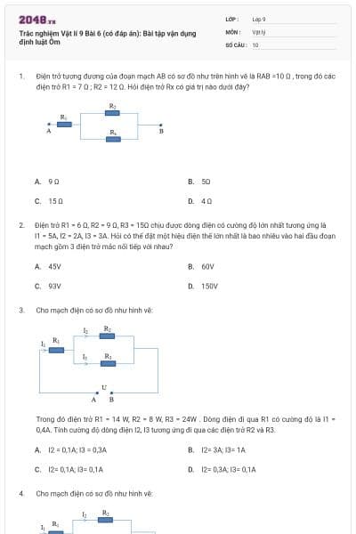 Trắc nghiệm Vật lí 9 Bài 6 (có đáp án): Bài tập vận dụng định luật Ôm