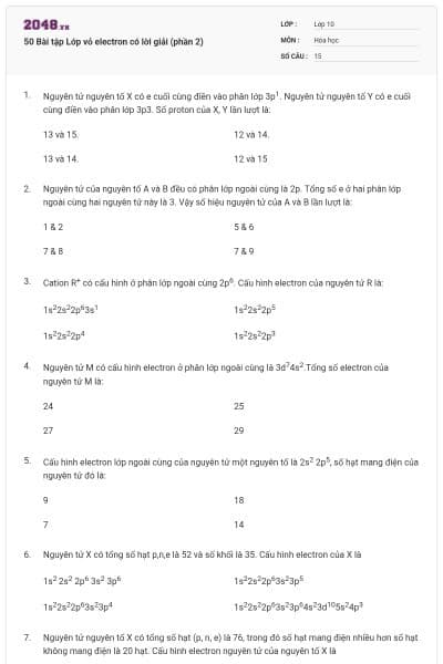 50 Bài tập Lớp vỏ electron có lời giải (phần 2)