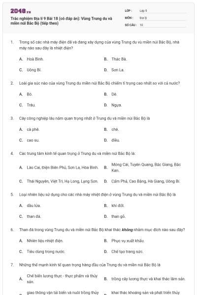 Trắc nghiệm Địa lí 9 Bài 18 (có đáp án): Vùng Trung du và miền núi Bắc Bộ (tiếp theo)