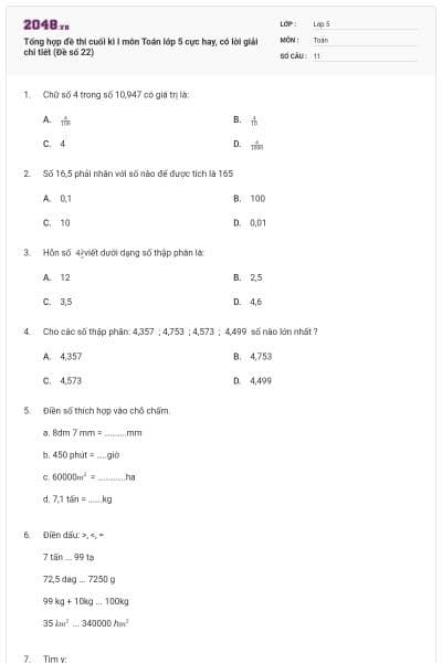 Tổng hợp đề thi cuối kì I môn Toán lớp 5 cực hay, có lời giải chi tiết (Đề số 22)