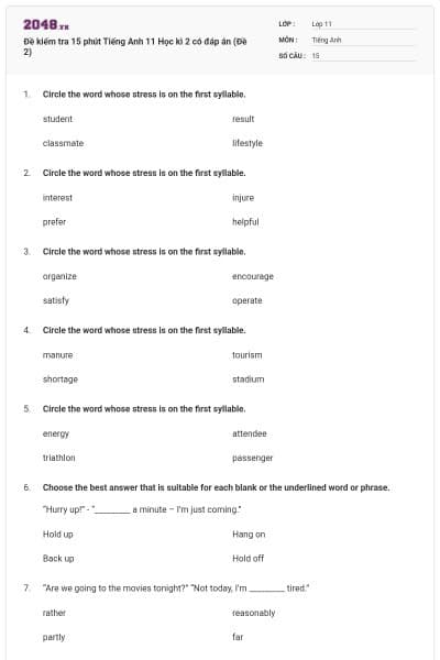 Đề kiểm tra 15 phút Tiếng Anh 11 Học kì 2 có đáp án (Đề 2)