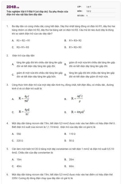 Trắc nghiệm Vật lí 9 Bài 9 (có đáp án): Sự phụ thuộc của điện trở vào vật liệu làm dây dẫn
