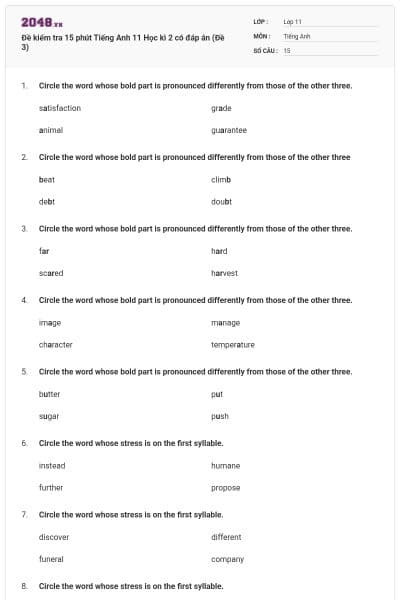 Đề kiểm tra 15 phút Tiếng Anh 11 Học kì 2 có đáp án (Đề 3)