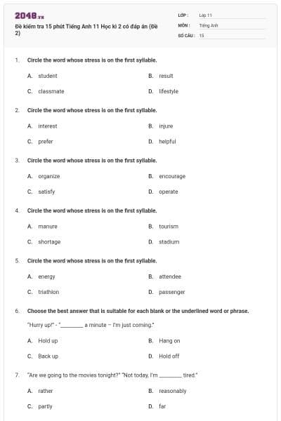 Đề kiểm tra 15 phút Tiếng Anh 11 Học kì 2 có đáp án (Đề 2)