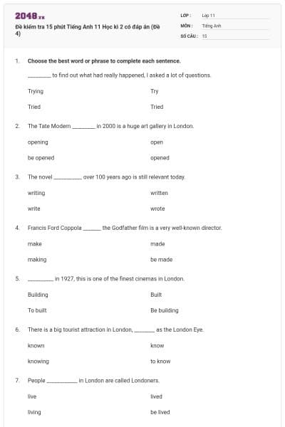 Đề kiểm tra 15 phút Tiếng Anh 11 Học kì 2 có đáp án (Đề 4)