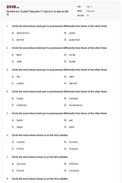 Đề kiểm tra 15 phút Tiếng Anh 11 Học kì 2 có đáp án (Đề 3)
