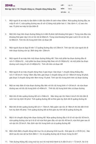 Bài tập Vật Lí 10: Chuyển động cơ, Chuyển động thẳng đều