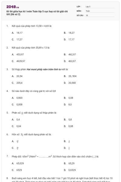 Đề thi giữa học kì I môn Toán lớp 5 cực hay có lời giải chi tiết (Đề số 3)