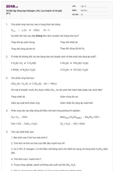 94 Bài tập tổng hợp Halogen, Oxi, Lưu huỳnh có lời giải (P1)
