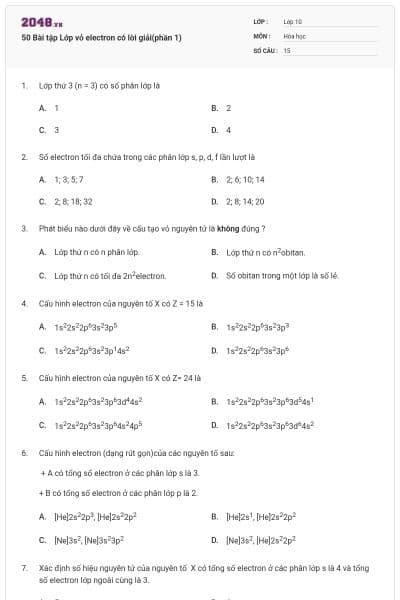 50 Bài tập Lớp vỏ electron có lời giải(phần 1)