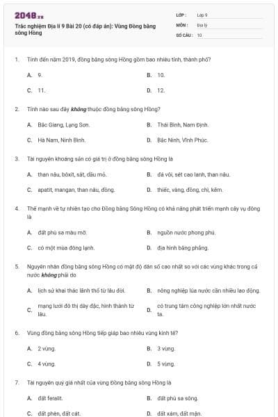 Trắc nghiệm Địa lí 9 Bài 20 (có đáp án): Vùng Đồng bằng sông Hồng