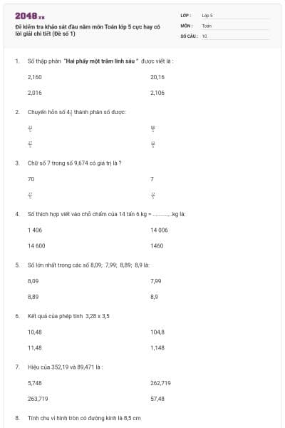 Đề kiểm tra khảo sát đầu năm môn Toán lớp 5 cực hay có lời giải chi tiết (Đề số 1)