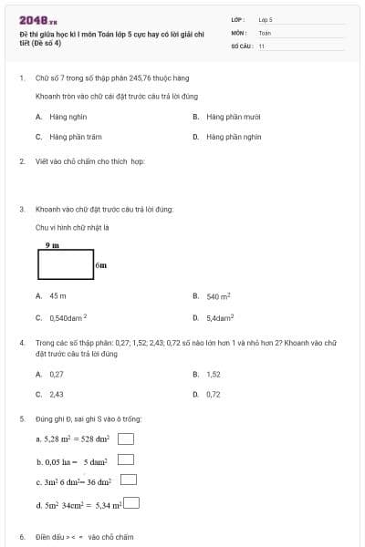 Đề thi giữa học kì I môn Toán lớp 5 cực hay có lời giải chi tiết (Đề số 4)
