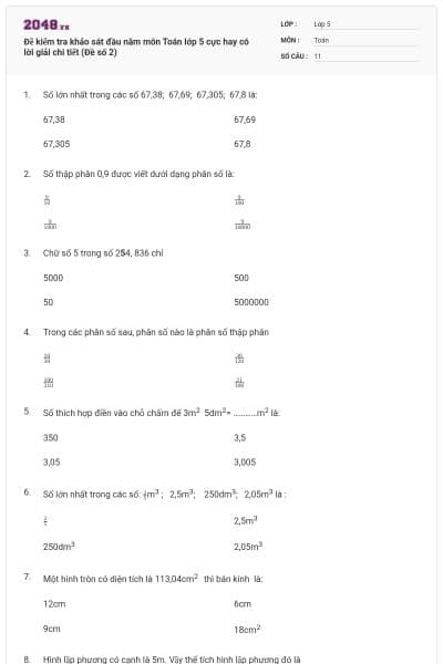 Đề kiểm tra khảo sát đầu năm môn Toán lớp 5 cực hay có lời giải chi tiết (Đề số 2)