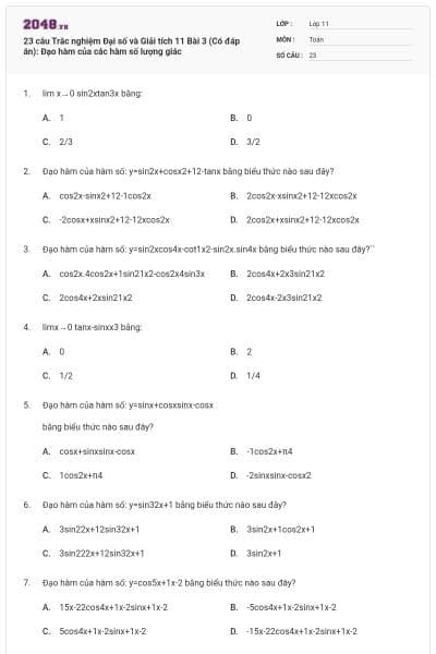 23 câu Trắc nghiệm Đại số và Giải tích 11 Bài 3 (Có đáp án): Đạo hàm của các hàm số lượng giác