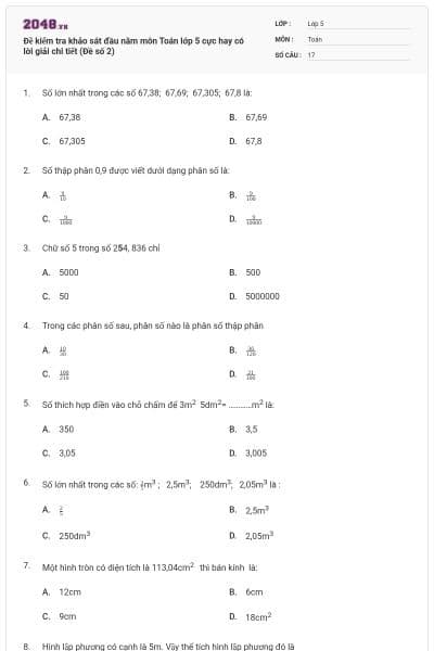 Đề kiểm tra khảo sát đầu năm môn Toán lớp 5 cực hay có lời giải chi tiết (Đề số 2)