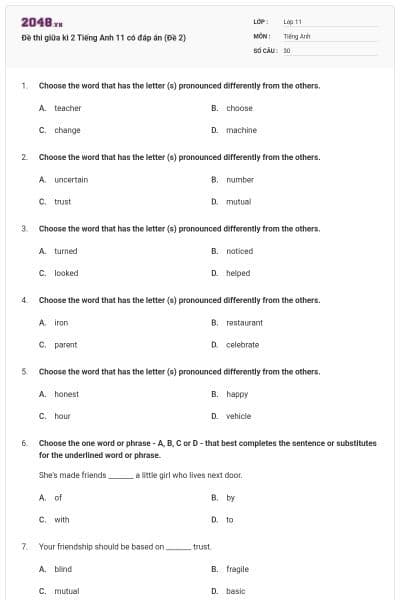 Đề thi giữa kì 2 Tiếng Anh 11 có đáp án (Đề 2)