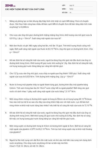 CÁC HIỆN TƯỢNG BỀ MẶT CỦA CHẤT LỎNG