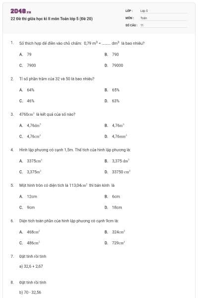 22 Đề thi giữa học kì II môn Toán lớp 5 (Đề 20)