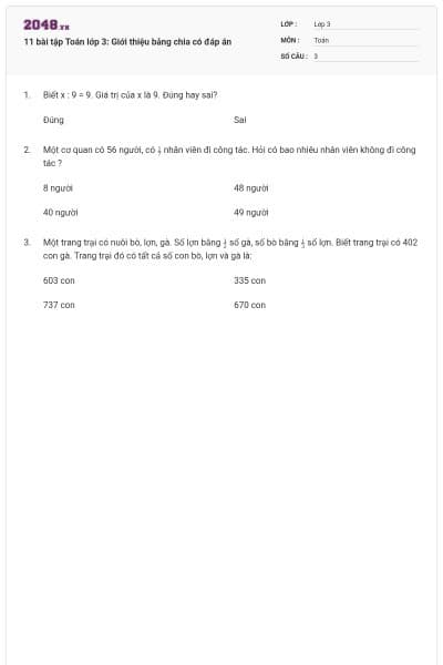 11 bài tập Toán lớp 3: Giới thiệu bảng chia có đáp án