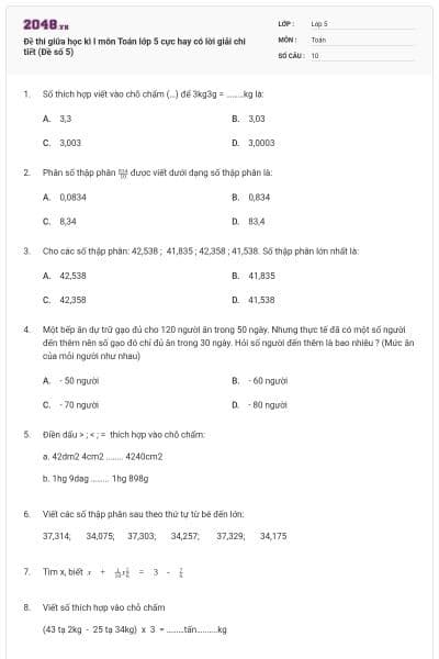 Đề thi giữa học kì I môn Toán lớp 5 cực hay có lời giải chi tiết (Đề số 5)