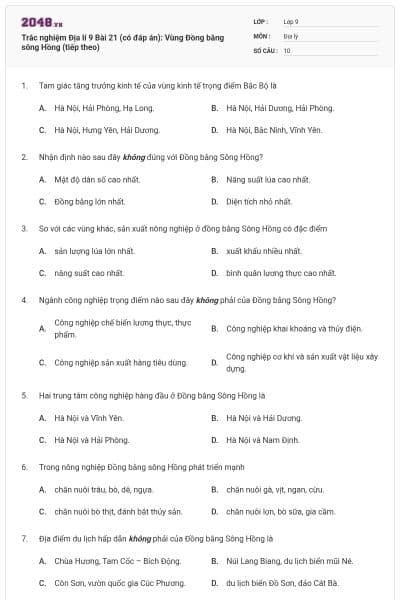 Trắc nghiệm Địa lí 9 Bài 21 (có đáp án): Vùng Đồng bằng sông Hồng (tiếp theo)