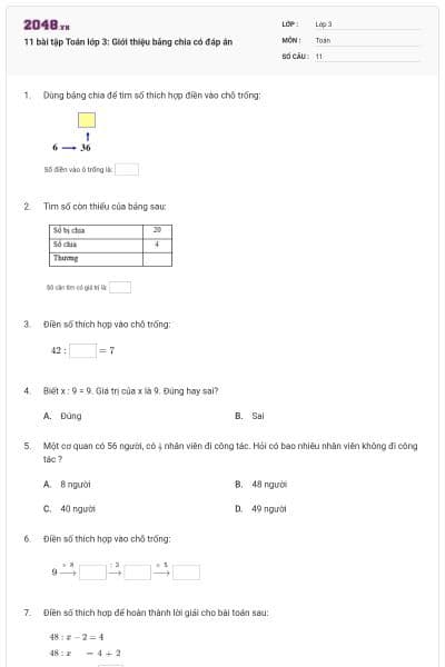 11 bài tập Toán lớp 3: Giới thiệu bảng chia có đáp án