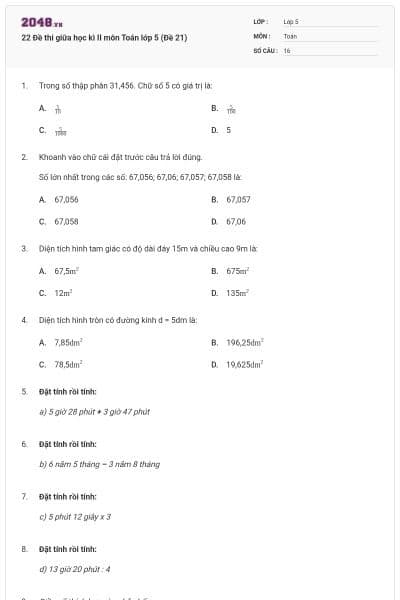 22 Đề thi giữa học kì II môn Toán lớp 5 (Đề 21)
