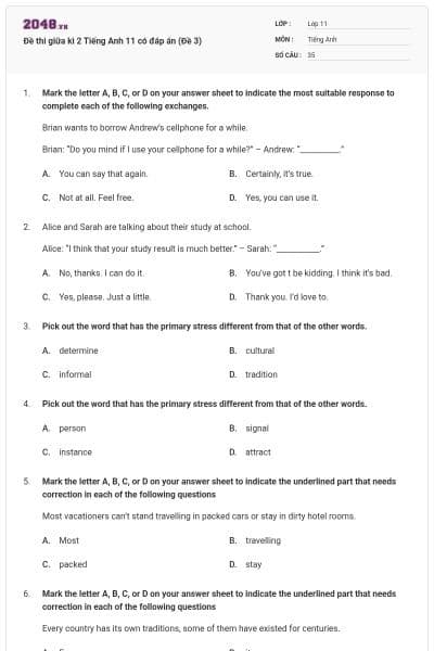 Đề thi giữa kì 2 Tiếng Anh 11 có đáp án (Đề 3)