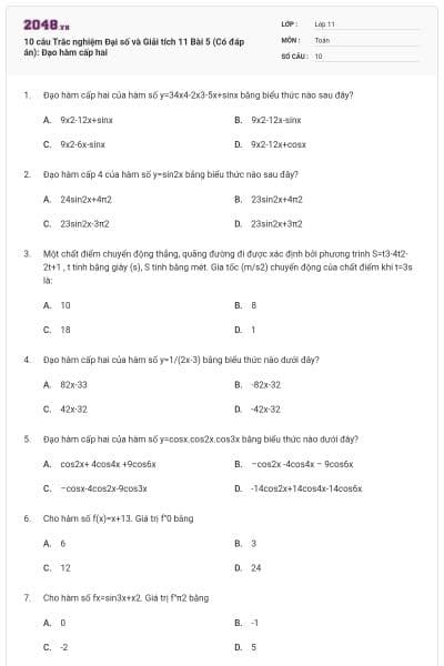 10 câu Trắc nghiệm Đại số và Giải tích 11 Bài 5 (Có đáp án): Đạo hàm cấp hai