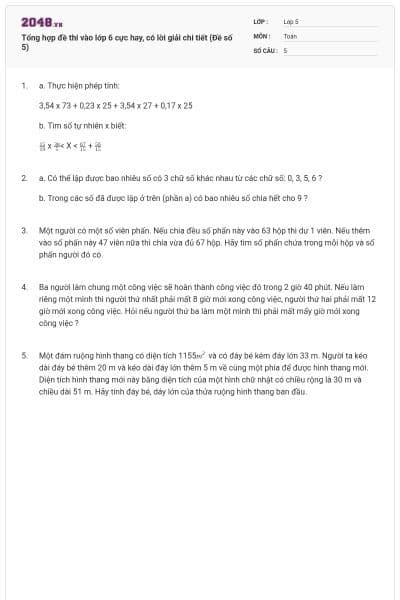 Tổng hợp đề thi vào lớp 6 cực hay, có lời giải chi tiết (Đề số 5)