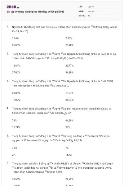 Bài tập về Đồng vị nâng cao siêu hay có lời giải (P1)