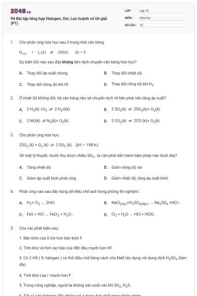 94 Bài tập tổng hợp Halogen, Oxi, Lưu huỳnh có lời giải (P1)