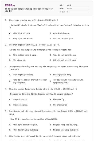 50 Bài tập Cân bằng hóa học lớp 10 cơ bản cực hay có lời giải (P2)