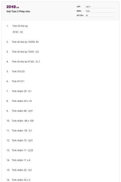 Giải Toán 5 Phép chia