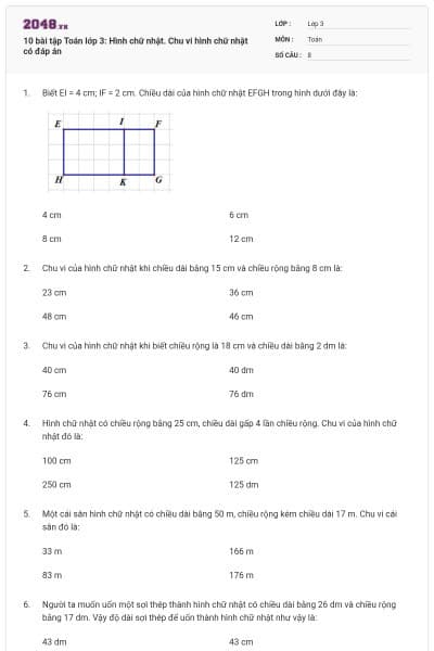 10 bài tập Toán lớp 3: Hình chữ nhật. Chu vi hình chữ nhật có đáp án
