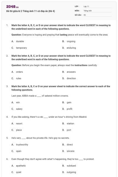 Đề thi giữa kì 2 Tiếng Anh 11 có đáp án (Đề 4)