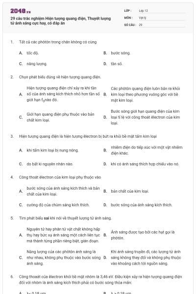 29 câu trắc nghiệm Hiện tượng quang điện, Thuyết lượng tử ánh sáng cực hay, có đáp án