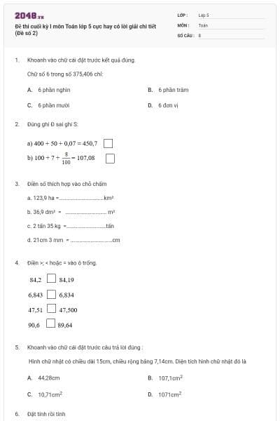 Đề thi cuối kỳ I môn Toán lớp 5 cực hay có lời giải chi tiết (Đề số 2)