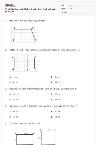 10 bài tập Toán lớp 3: Hình chữ nhật. Chu vi hình chữ nhật có đáp án