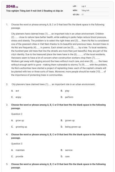 Trắc nghiệm Tiếng Anh 9 mới Unit 2 Reading có đáp án