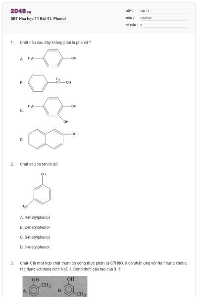 SBT Hóa học 11 Bài 41: Phenol