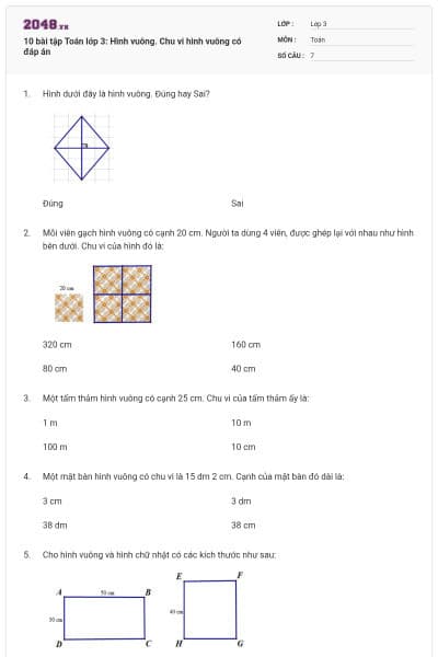 10 bài tập Toán lớp 3: Hình vuông. Chu vi hình vuông có đáp án