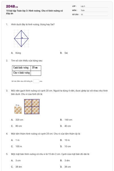 10 bài tập Toán lớp 3: Hình vuông. Chu vi hình vuông có đáp án