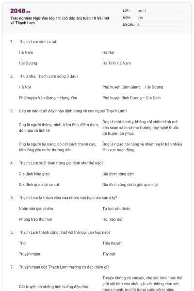 Trắc nghiệm Ngữ Văn lớp 11: (có đáp án) tuần 10 Vài nét về Thạch Lam