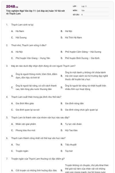 Trắc nghiệm Ngữ Văn lớp 11: (có đáp án) tuần 10 Vài nét về Thạch Lam