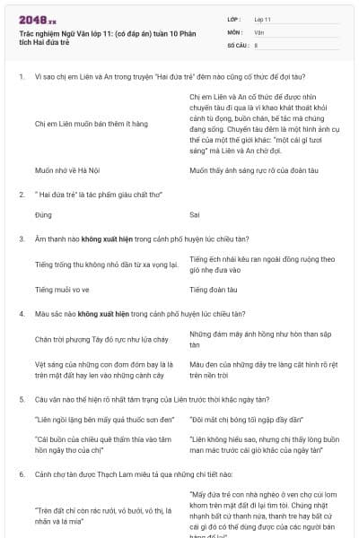 Trắc nghiệm Ngữ Văn lớp 11: (có đáp án) tuần 10 Phân tích Hai đứa trẻ